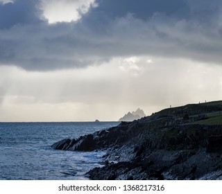 Skellig Michael Off The Coast Of The Ring Of Kerry In Winter Showing Deep Blue Waters And Crashing Waves