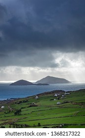 Skellig Michael Off The Coast Of The Ring Of Kerry In Winter Showing Deep Blue Waters And Crashing Waves