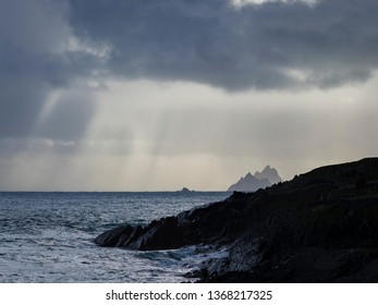 Skellig Michael Off The Coast Of The Ring Of Kerry In Winter Showing Deep Blue Waters And Crashing Waves