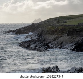 Skellig Michael Off The Coast Of The Ring Of Kerry In Winter Showing Deep Blue Waters And Crashing Waves