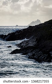 Skellig Michael Off The Coast Of The Ring Of Kerry In Winter Showing Deep Blue Waters And Crashing Waves