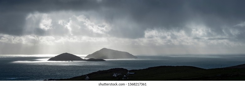 Skellig Michael Off The Coast Of The Ring Of Kerry In Winter Showing Deep Blue Waters And Crashing Waves