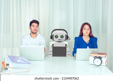 Skeptical Corporate Employees At Work Looking At Robot Colleague With Skepticism And Jealousy While Cyborg Is Working. People Vs Robot At Work