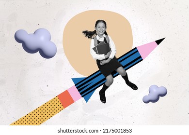 Sketch collage banner of school child travel rocket pencil up hold copybook rucksack supply isolated sky image background