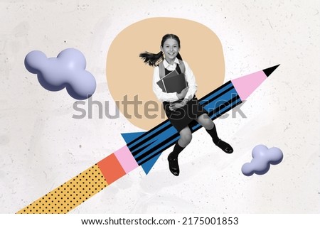 Sketch collage banner of school child travel rocket pencil up hold copybook rucksack supply isolated sky image background