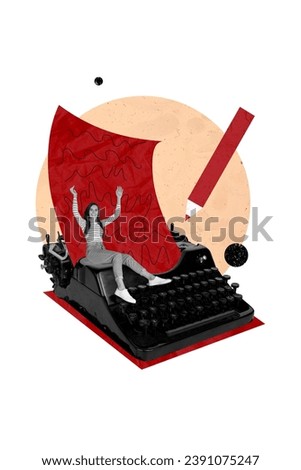 Sketch collage of happy girl novel writer creating bestseller typing text story isolated on drawing background