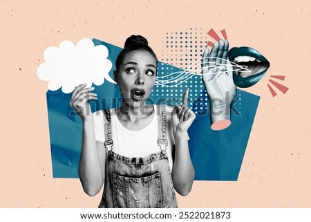 Sketch collage image of funny girl listen interesting information news whisper isolated on drawing background