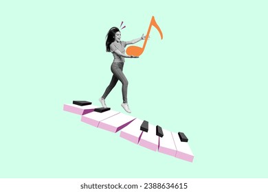 Sketch collage image of happy funky girl running piano black white keys isolated on drawing background - Powered by Shutterstock