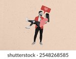 Sketch composite 3D photo collage trend artwork of valentine day young couple lady man hold hand hugs speech cloud heart love