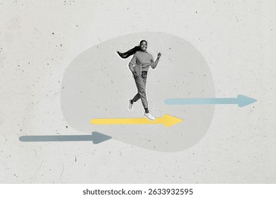 Sketch composite 3D photo collage trend artwork of young lady hand hold laptop run arrow way direction target think plan point process