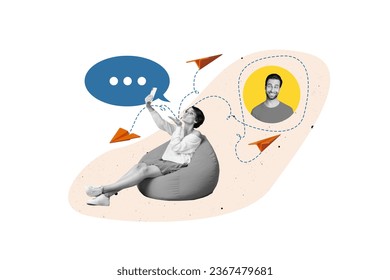 Sketch creative collage of funny happy two people speak online romantic relationship air kiss paper plane isolated on painted background - Shutterstock ID 2367479681