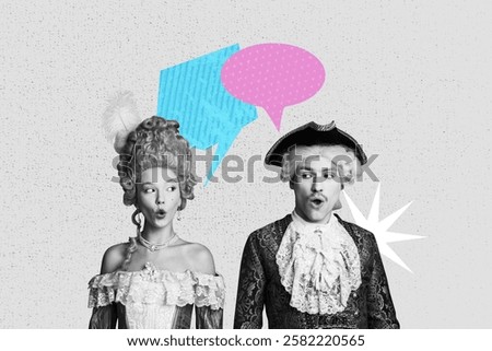Sketch design artwork 3D photo collage of french aristocracy feather accessory elegance young lady man portrait together speech cloud date