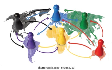 Sketch or handdrawn concept for globalization, global networking, travel or global connection or transportation. Colorful figures with connecting arrows.