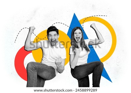 Sketch image artwork collage of geometric elements circle triangle ball figure black white silhouette man lady celebrate win fist up yes