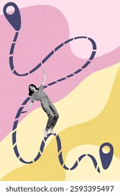 Sketch image artwork composite 3D photo collage of young lady stand balance road map abroad trip global agency weekend tourism departure