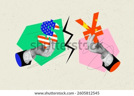 Sketch image artwork composite 3D photo collage of two hand hold yuan dollars symbol geo politics diplomacy international trade war