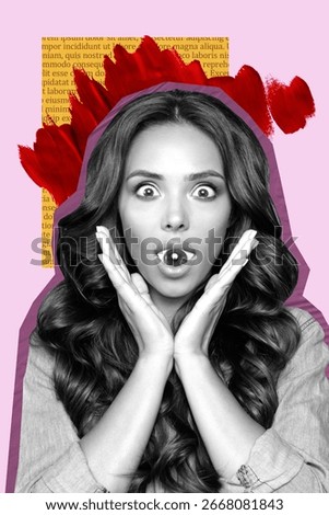 Sketch image artwork composite 3D photo collage of young woman shocked face eye mouth watch crazy therapy psychoanalysis depression.