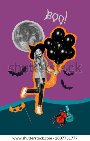 Sketch image artwork composite 3D photo collage of outdoors moon young schoolgirl stand hold air balloon scary magician conjure fall party.