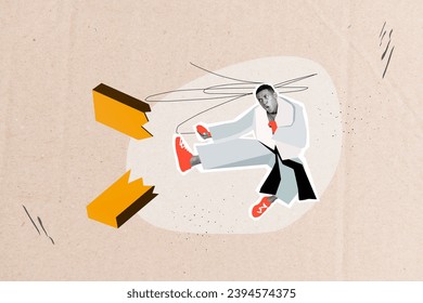 Sketch image collage of professional fighter breaking up obstacle block bricks isolated on painted background