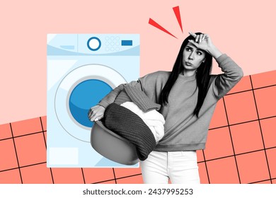 Sketch image composite artwork 3D collage of young tired lady mom housewife hold clothing in hand tidy washing machine laundromat