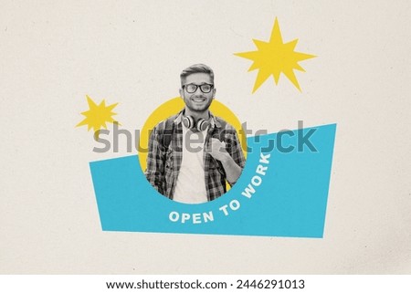 Sketch image composite artwork collage of black white silhouette hipster man wear headphones listen music vacancy candidate open for work
