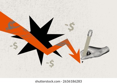 Sketch image trend 3D photo collage of hand hold pencil write point arrow down economy finance inflation investor recession lose dollars