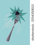 Sketch image trend artwork montage 3D photo collage of abstract illustration fork kitchenware restaurant catch bug spider nature hunter