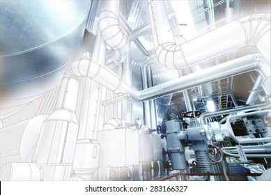 Sketch of piping design mixed with industrial equipment photo
