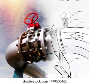 Sketch Of Piping Design Mixed With Steel Pipelines And Valves Against Blue Sky Photo