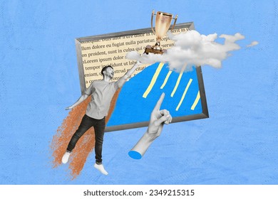 Sketch surreal collage retro artwork of happy successful guy win sports contest hold cup award certificate isolated on blue sky background - Powered by Shutterstock