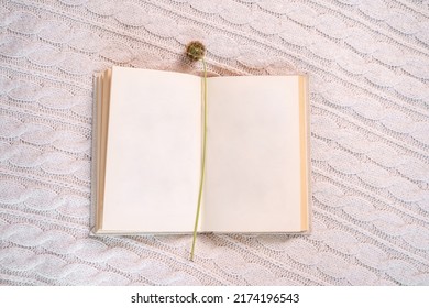 Sketchbook With Flower Bookmark On Crocheted Plaid