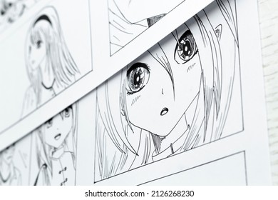 Sketches of drawings of anime comics. Storyboard of characters on paper. - Shutterstock ID 2126268230