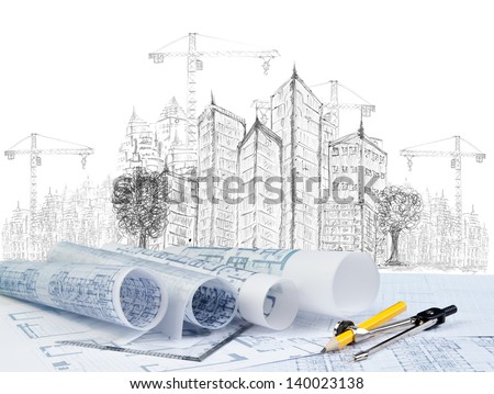 sketching of modern building construction and  blueprint on architect working table