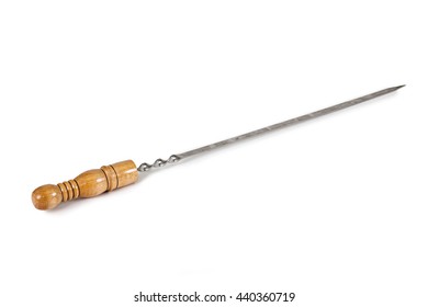 skewer with wooden handle on white background closeup