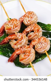 Skewered Sesame Shrimp. View From Above, Top Studio Shot