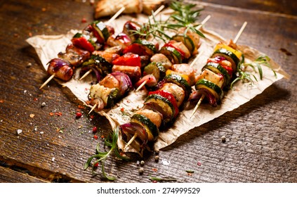 Skewers Of Grilled Vegetables And Meat