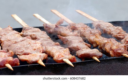Skewers Meat On Wooden Skewers Stock Photo 608437682 | Shutterstock