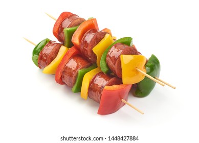 Skewers With Pieces Of Grilled Sausage And Vegetables BBQ, Close-up, Isolated On White Background.