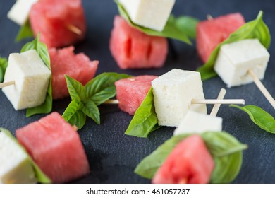 Skewers With Watermelon, Basil And Mozarella