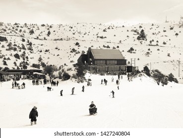 Ski center on Mainalo mountain in Greece. Vintage look photo.