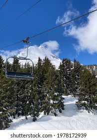 Ski Chairlift On Mt. Hood. Skiing And Snowboarding In Oregon.