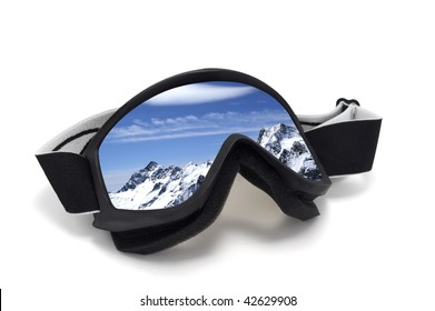 Ski goggles with reflection of mountains. Isolated on white background - Shutterstock ID 42629908