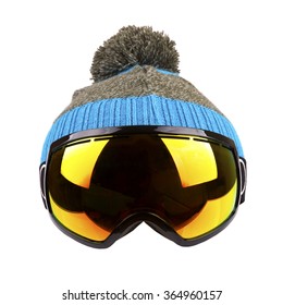 Ski Goggles And Woolen Hat Isolated On White