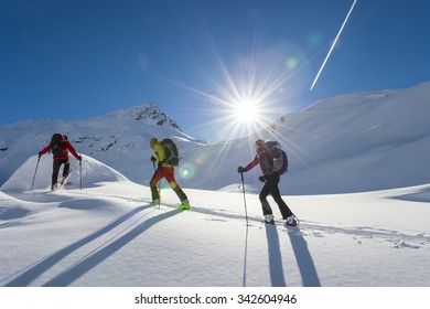 ski group starts in the morning sun