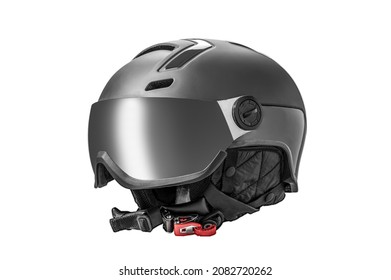 ski helmet with visor isolated on white background. Modern grey ski helmet with sun visor isolated on white. winter sports helmet