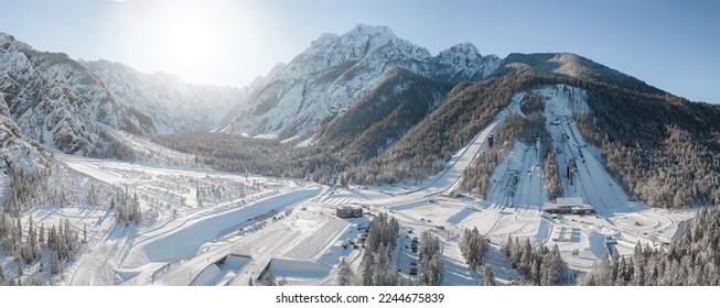Ski Jump in Planica near Kranjska Gora Slovenia covered in snow at winter time. Aerial Panorama - Powered by Shutterstock