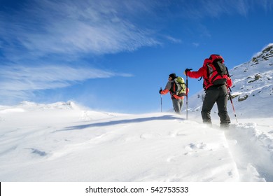 ski mountaineering ascending to the top during a winter snowstorm
