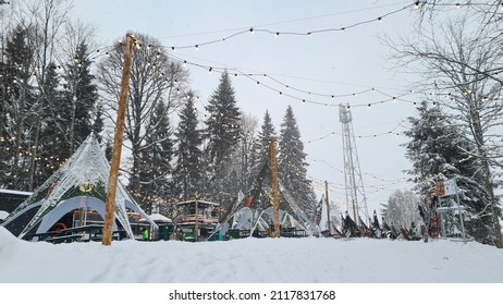 Ski Resort Bukovel, Carpathians, Ukraine - January 2022: Apres Ski Bar On The Mountain Peak