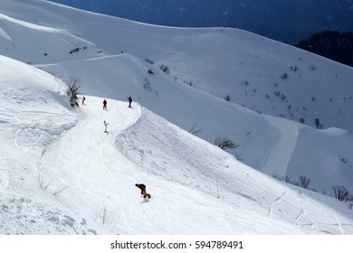 Ski Resort Rosa Khutor In Krasnaya Polyana, Winter Sports, Snowboarders And Skiers