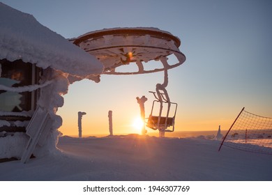 Ski Resort, Slope, Ski Lift With Snow, Lapland Finland